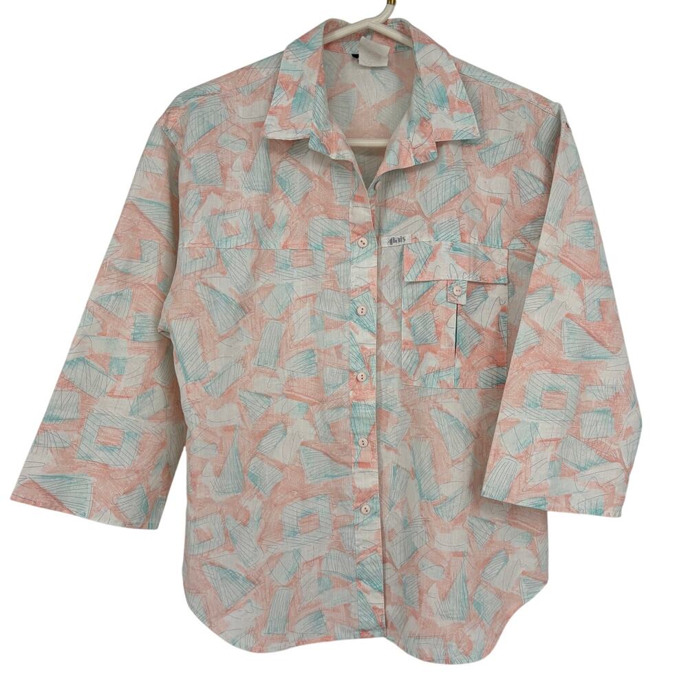Alais Vintage Cotton Blend Pink Blue Pastel 1/2 Sleeve Button Up Size Medium